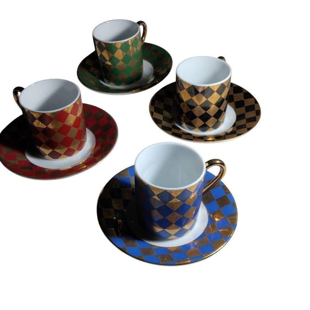 Neiman Marcus Japan Vintage Demitasse Espresso Cup & Saucer Set of 4 Gold Diamon